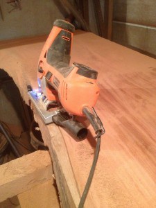 Cutting a timber slab to shape