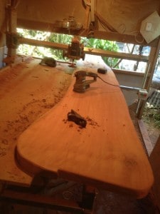 Timber slab bar top during construction