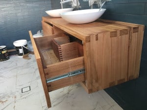 Wall hung timber bathroom vanity