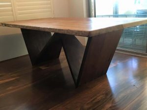 Blackbutt slab dining table with W base